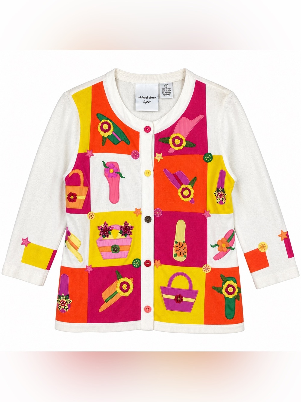 Michael Simon Cotton Garden Patchwork Cardigan Whimsical 90s Embroidery VTG Sz S